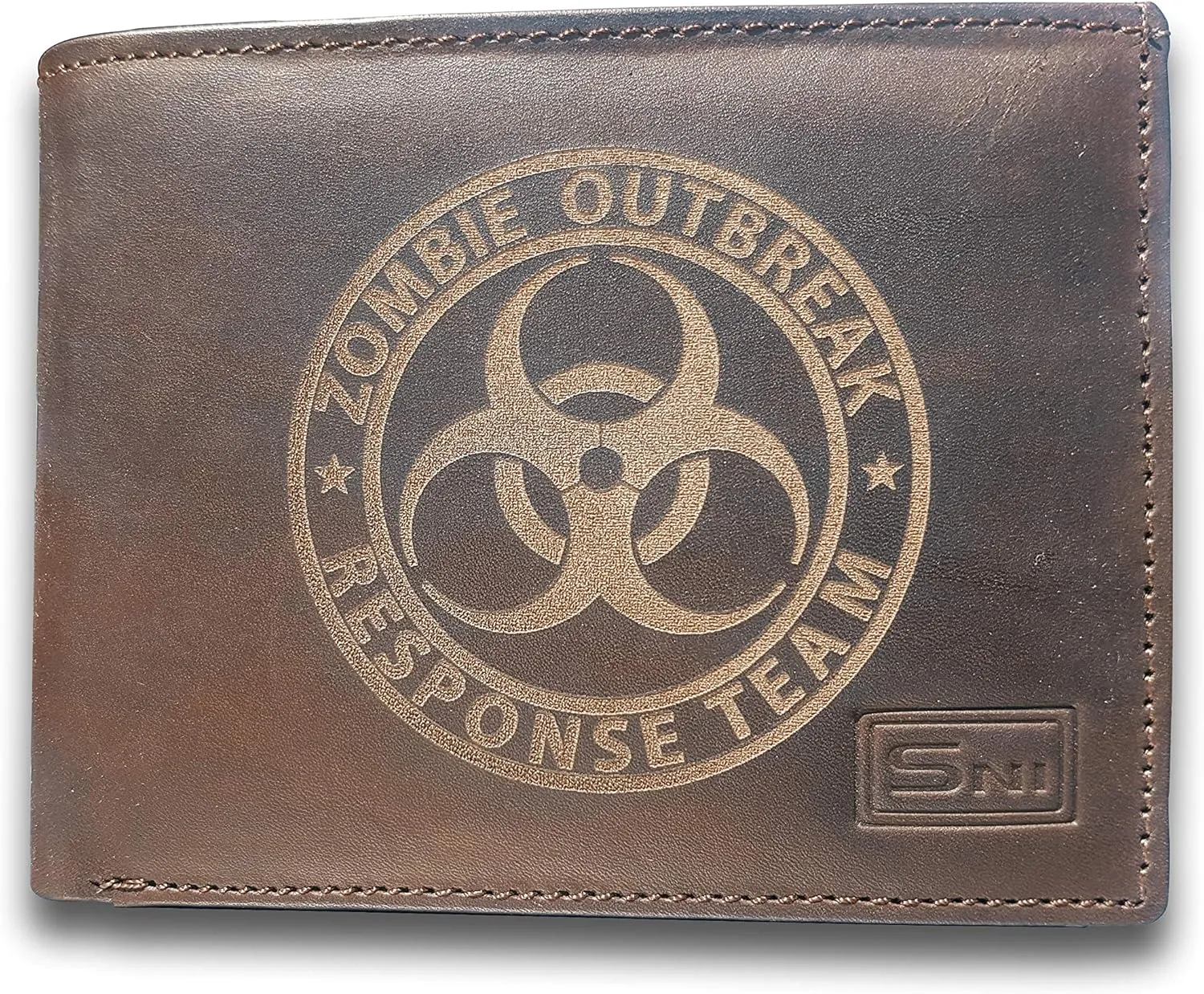 Zombie Outbreak Response Team Genuine Cowhide Leather Laser Engraved Engraving Slimfold Mens Large Capacity Luxury Wallet Purse Minimalist Sleek and Slim Brown Credit Card Holder Organizer 14 Pockets