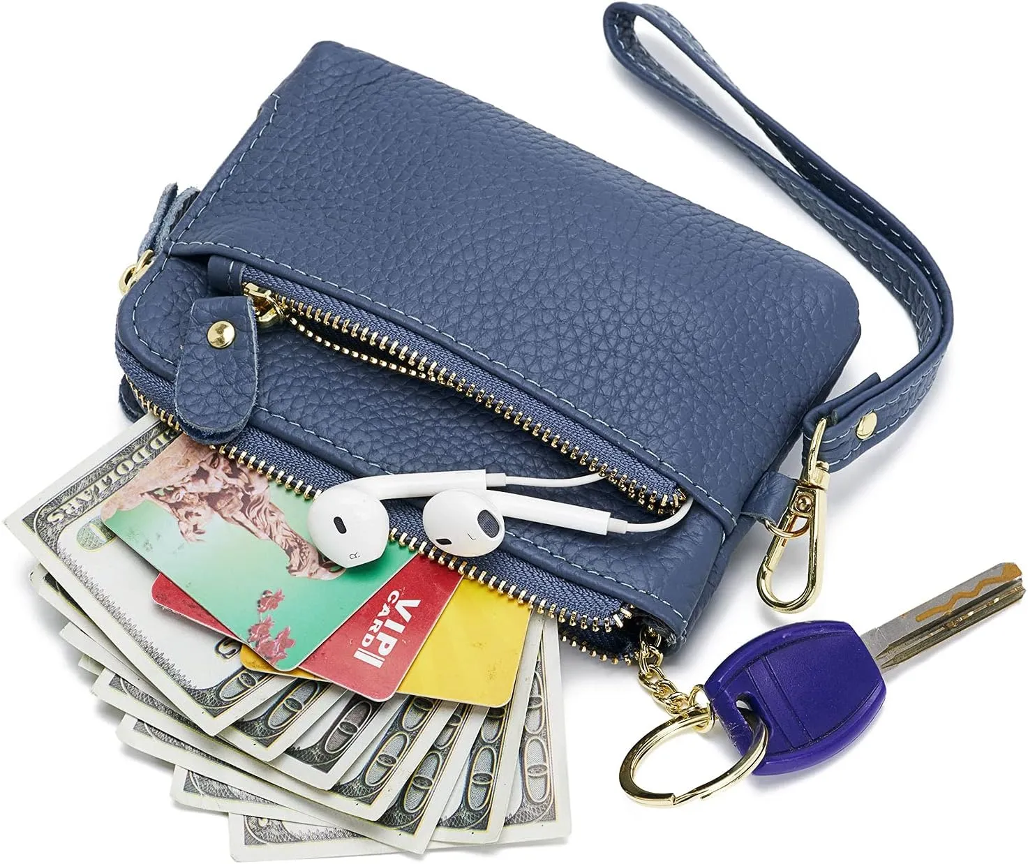 ZOOEASS Women Leather Coin Purse,Large Opening For Easy Access,With Wrist Strap(Navy)