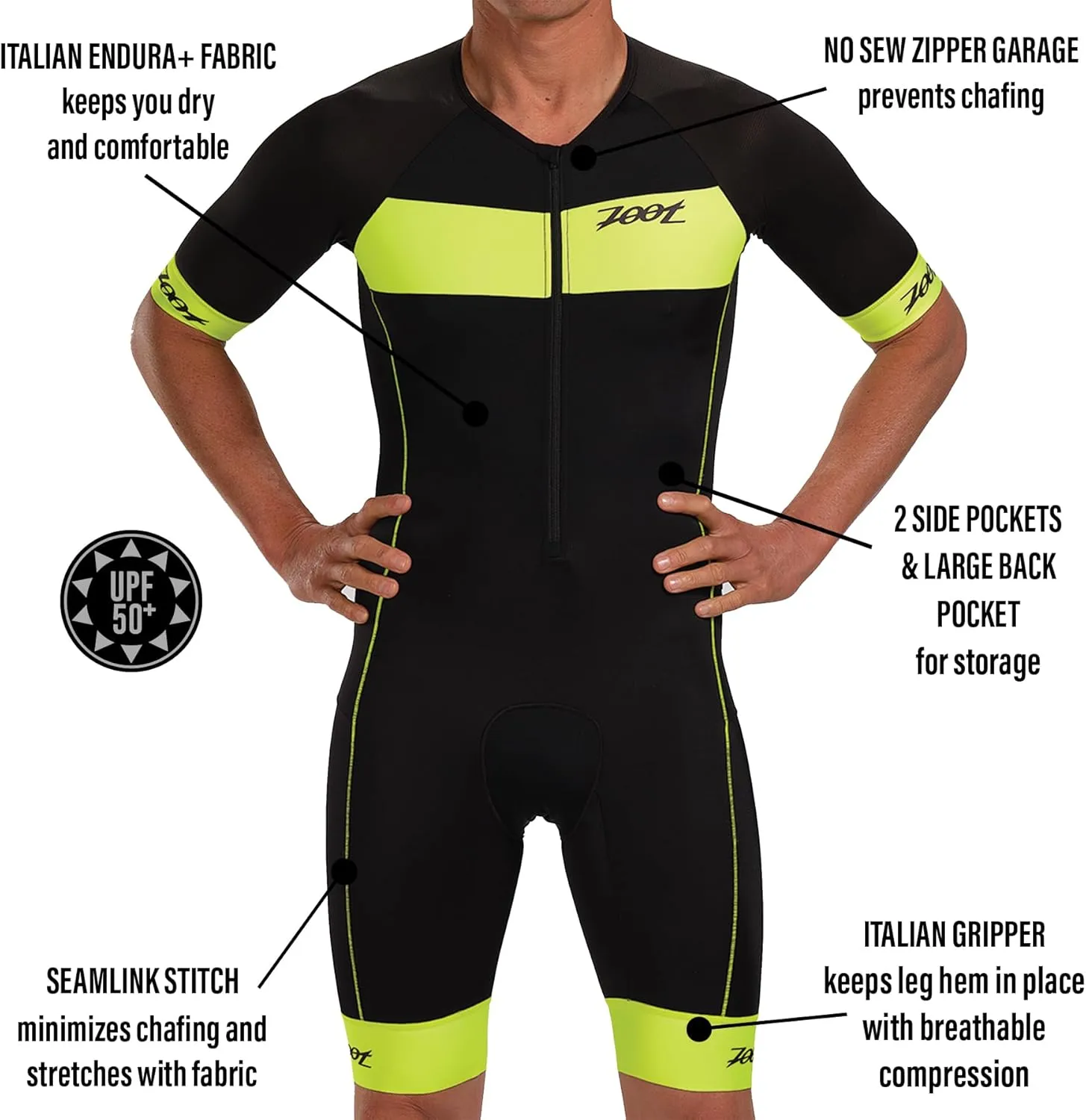 Zoot Men’s Core Tri Aero Racesuit, Short Sleeve Tri Suit, Swim Bike Run Chamois Pad, Pockets, UPF 50  Quick Dry Fabric