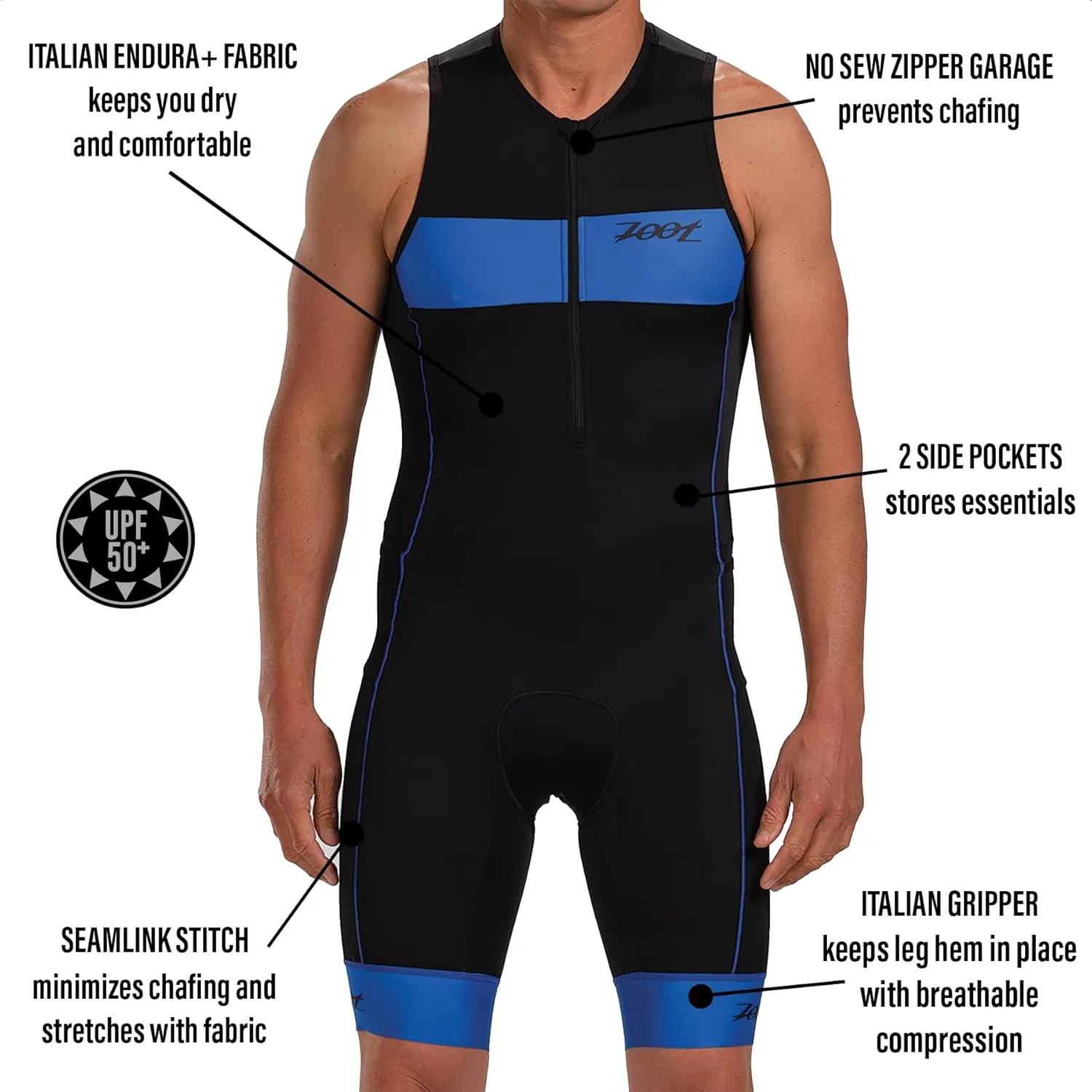 Zoot Men’s Core Tri Tank Racesuit, Sleeveless Triathlon Suit, Swim Bike Run Chamois Pad, Pockets, UPF 50  Quick Dry Fabric