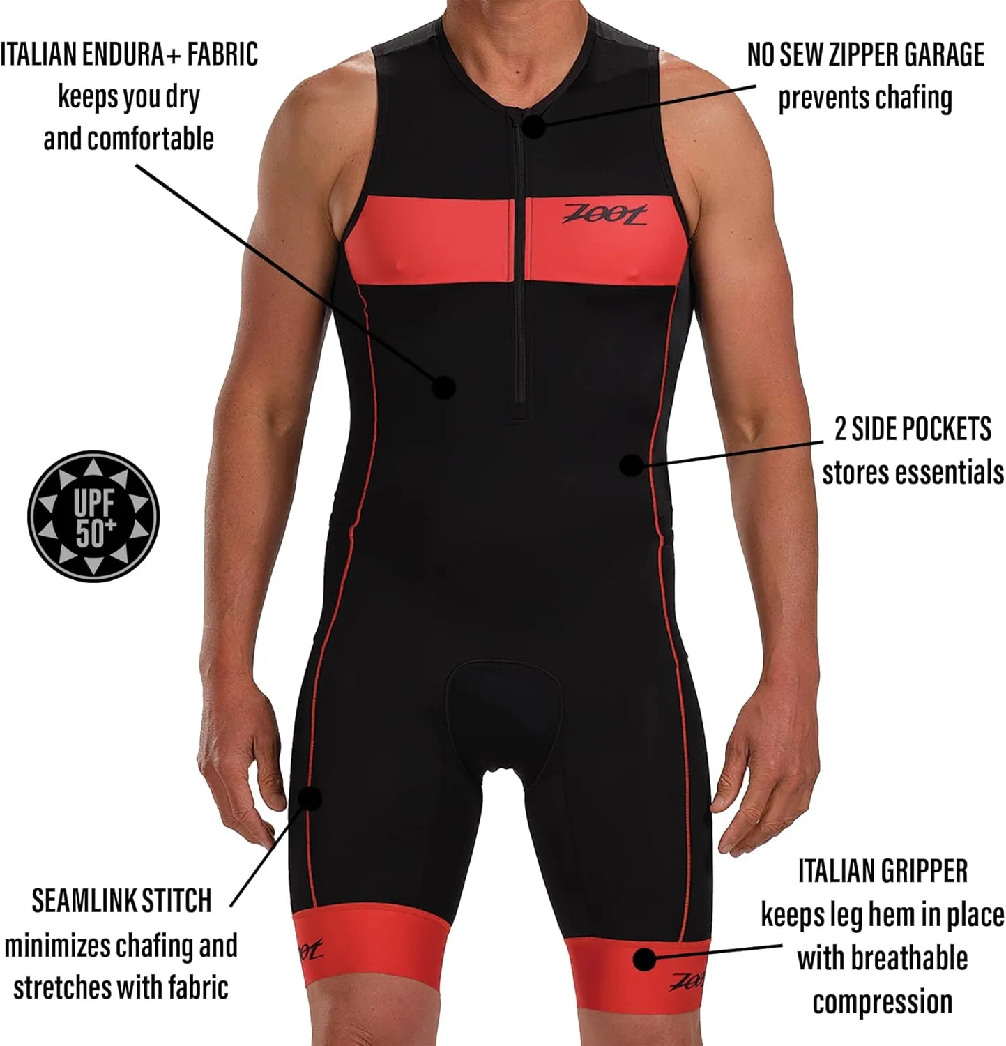 Zoot Men’s Core Tri Tank Racesuit, Sleeveless Triathlon Suit, Swim Bike Run Chamois Pad, Pockets, UPF 50  Quick Dry Fabric