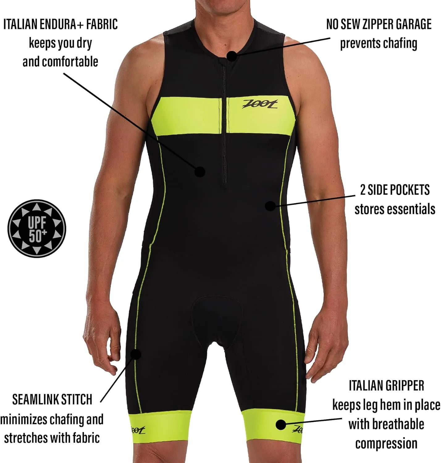 Zoot Men’s Core Tri Tank Racesuit, Sleeveless Triathlon Suit, Swim Bike Run Chamois Pad, Pockets, UPF 50  Quick Dry Fabric